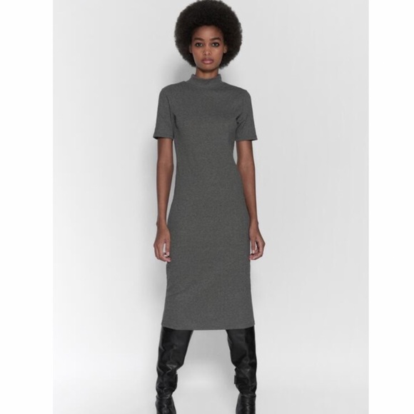 NEW ZARA Ribbed Stretchy Grey Dress Midi High Collar Turtleneck Basic - Picture 2 of 4